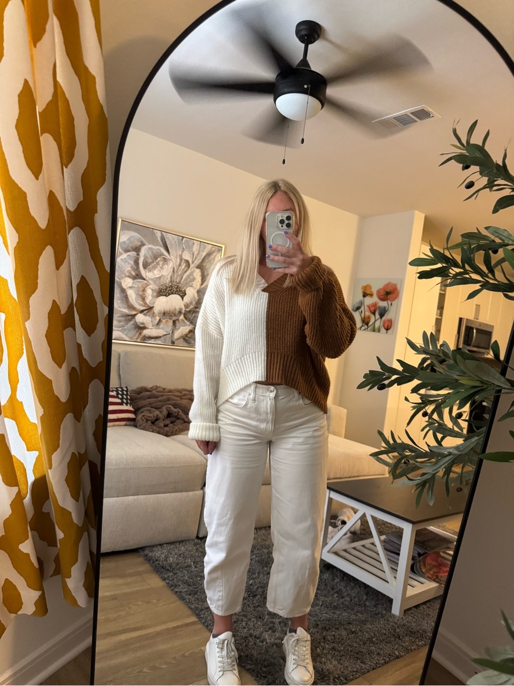 Altar'd State Brown & Cream Split V-Neck Oversized Sweater